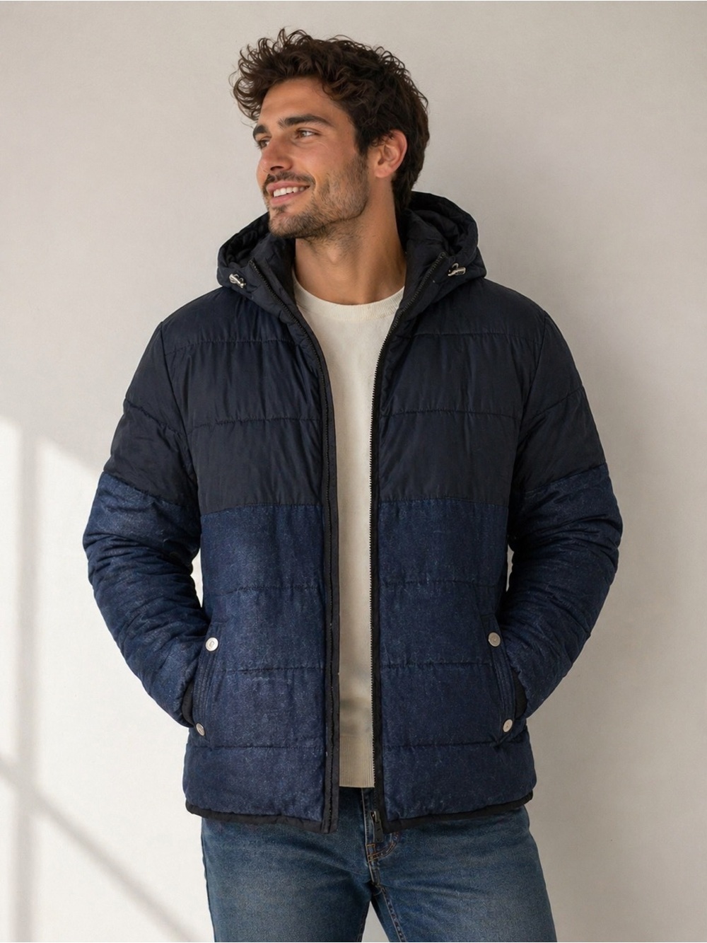 Zara Men's Sz XL Two-Tone Navy and Black Quilted Puffer Denim Jacket with Hood